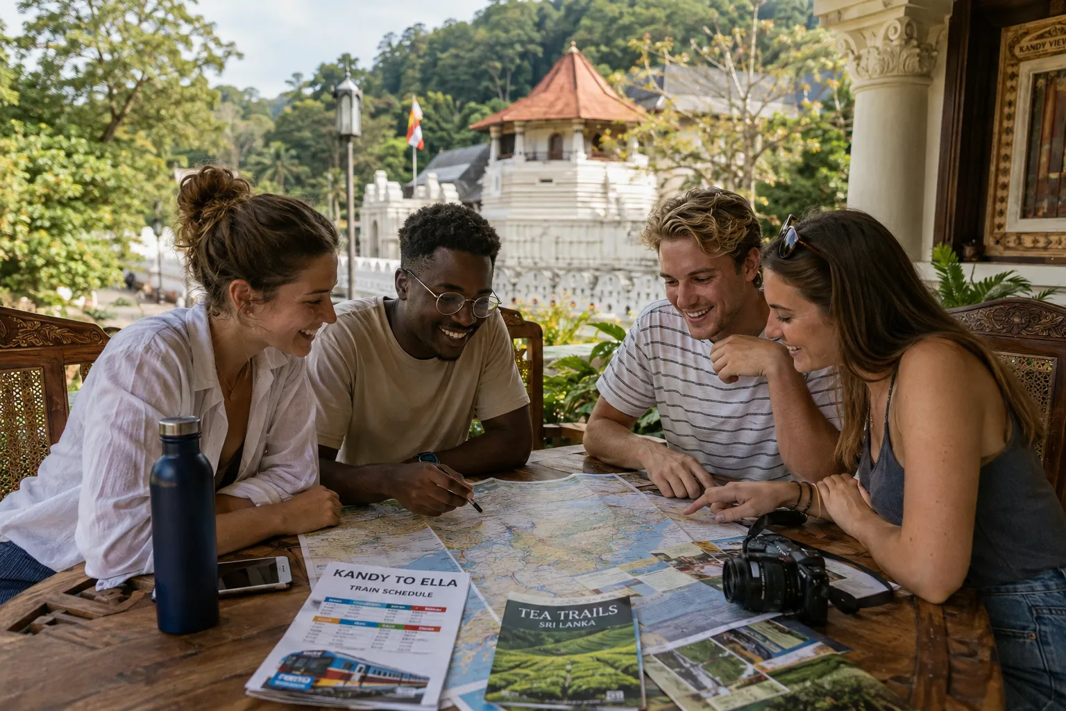 Editorial () image of a diverse group of first-time visitors planning their hill country journey, sitting at a traditional